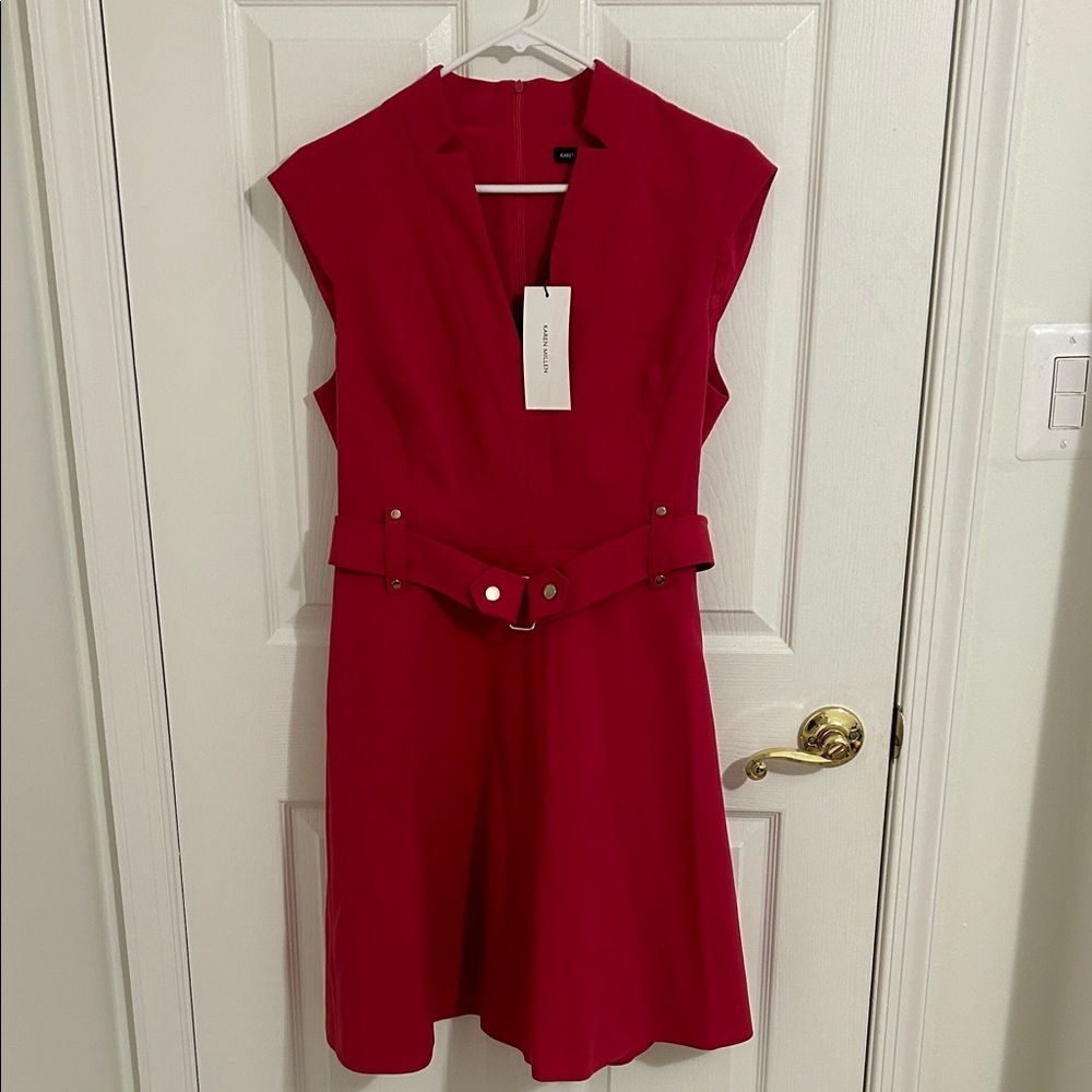 Karen Millen Forever Cinch Waist Cap A-Line Dress In Pink NWT Size US 10, UK 14 - Picture 4 of 12